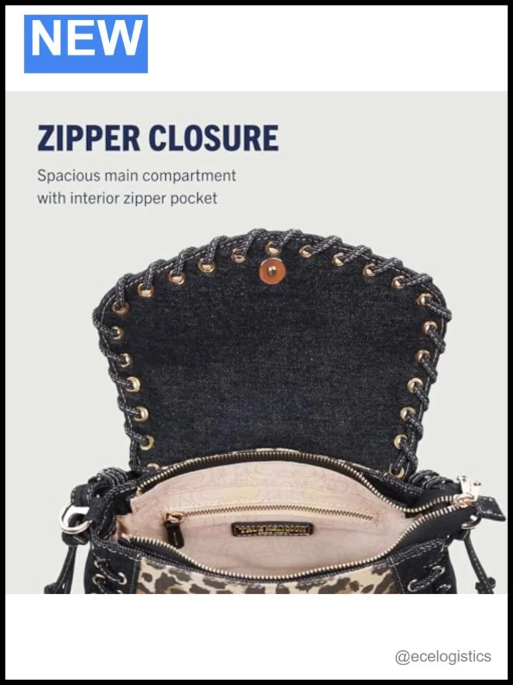 Denim Eyelet Trim Flap Bag with Leopard Panel and Gold Hardware